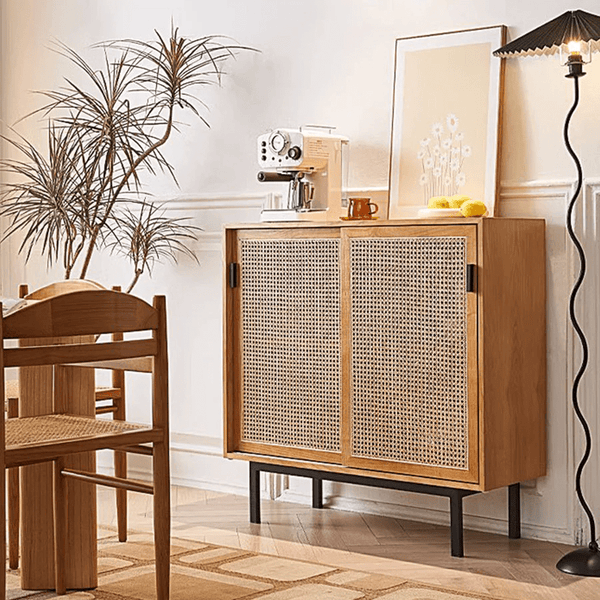 Haven Rattan Sideboard Cabinet – Solid Wood & Handwoven Rattan Storage Unit, Modern Contemporary Side Cabinet with Legs, Cherrywood Finish - Sleek Furniture