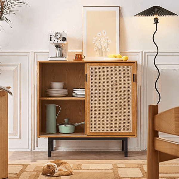 Haven Rattan Sideboard Cabinet – Solid Wood & Handwoven Rattan Storage Unit, Modern Contemporary Side Cabinet with Legs, Cherrywood Finish - Sleek Furniture