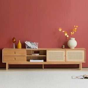 Haygashen Rattan TV Stand – Wooden Oak Finish Media Console with Rattan Front Storage Cabinet, Modern Living Room TV Unit - Sleek Furniture