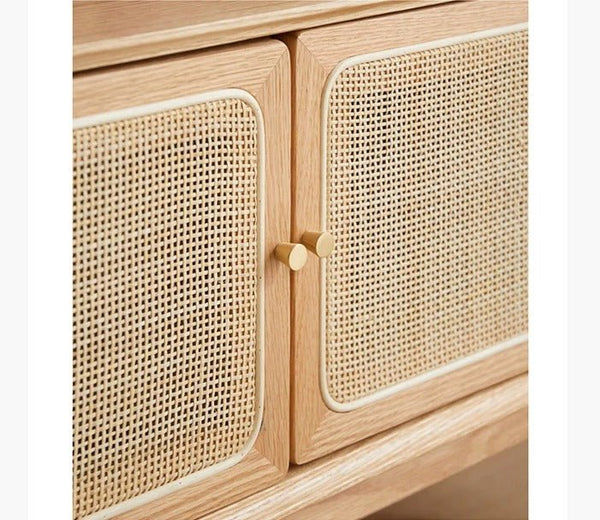 Haygashen Rattan TV Stand – Wooden Oak Finish Media Console with Rattan Front Storage Cabinet, Modern Living Room TV Unit - Sleek Furniture