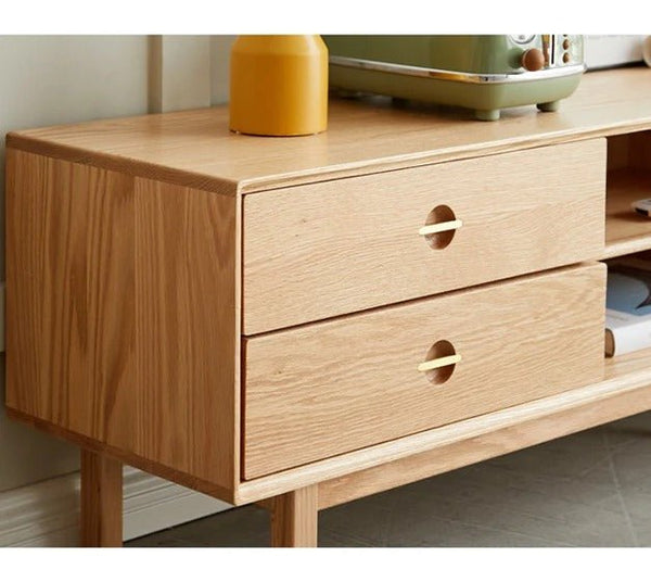 Haygashen Rattan TV Stand – Wooden Oak Finish Media Console with Rattan Front Storage Cabinet, Modern Living Room TV Unit - Sleek Furniture