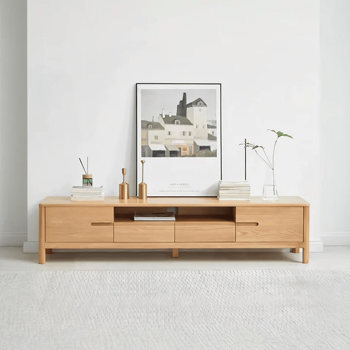 Haygashen Rattan TV Stand – Wooden Oak Finish Media Console with Rattan Front Storage Cabinet, Modern Living Room TV Unit - Sleek Furniture
