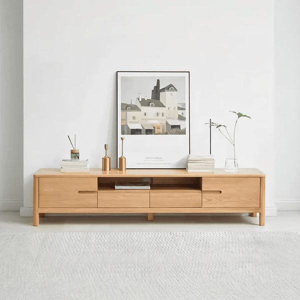 Haygashen Rattan TV Stand – Wooden Oak Finish Media Console with Rattan Front Storage Cabinet, Modern Living Room TV Unit - Sleek Furniture