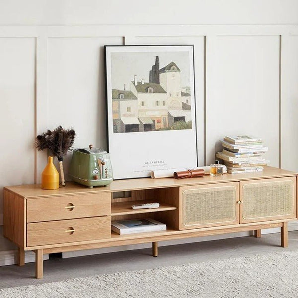Haygashen Rattan TV Stand – Wooden Oak Finish Media Console with Rattan Front Storage Cabinet, Modern Living Room TV Unit - Sleek Furniture