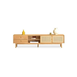 Haygashen Rattan TV Stand – Wooden Oak Finish Media Console with Rattan Front Storage Cabinet, Modern Living Room TV Unit - Sleek Furniture