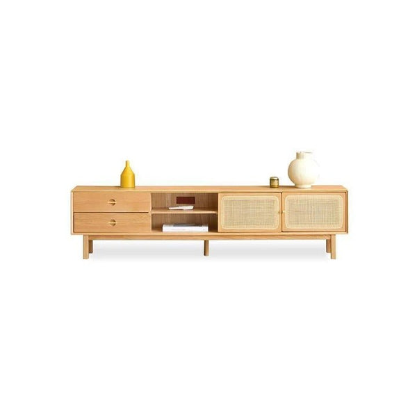 Haygashen Rattan TV Stand – Wooden Oak Finish Media Console with Rattan Front Storage Cabinet, Modern Living Room TV Unit - Sleek Furniture