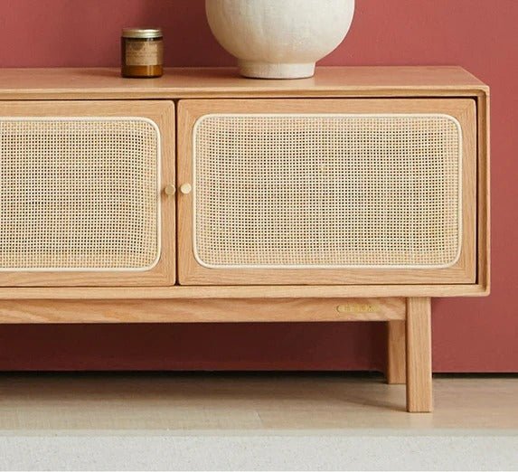 Haygashen Rattan TV Stand – Wooden Oak Finish Media Console with Rattan Front Storage Cabinet, Modern Living Room TV Unit - Sleek Furniture