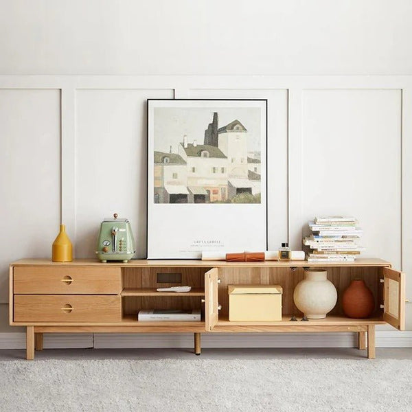 Haygashen Rattan TV Stand – Wooden Oak Finish Media Console with Rattan Front Storage Cabinet, Modern Living Room TV Unit - Sleek Furniture
