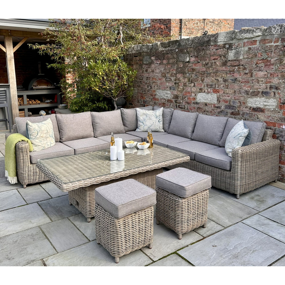 Amalfi Outdoor Large Corner Set with Adjustable Riser Table & 2 Stools – Modular HDPE Wicker & Powder-Coated Aluminium - My Store