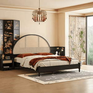 Heather Rattan Bed Frame – King Size / Super King Size Wooden Bedstead, Contemporary Black Finish - Sleek Furniture