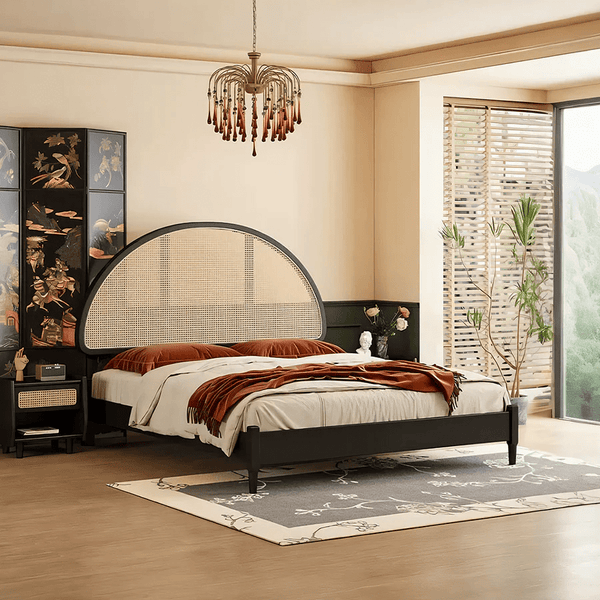 Heather Rattan Bed Frame – King Size / Super King Size Wooden Bedstead, Contemporary Black Finish - Sleek Furniture