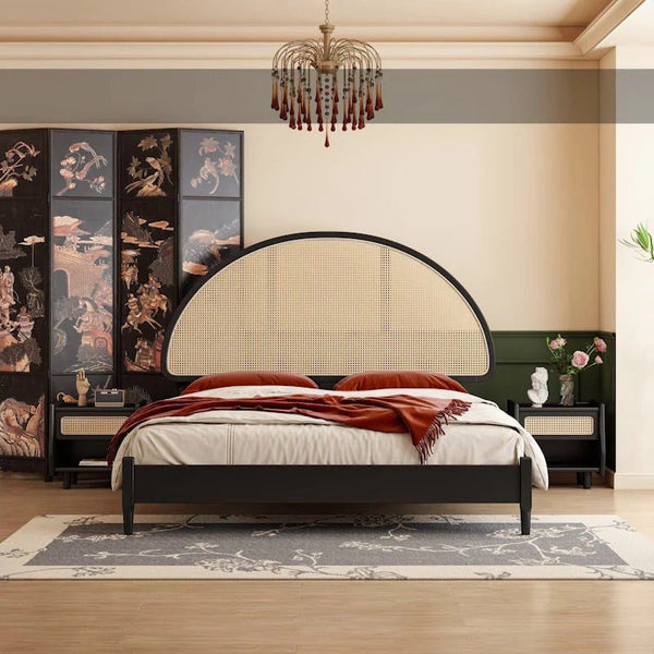 Heather Rattan Bed Frame – King Size / Super King Size Wooden Bedstead, Contemporary Black Finish - Sleek Furniture