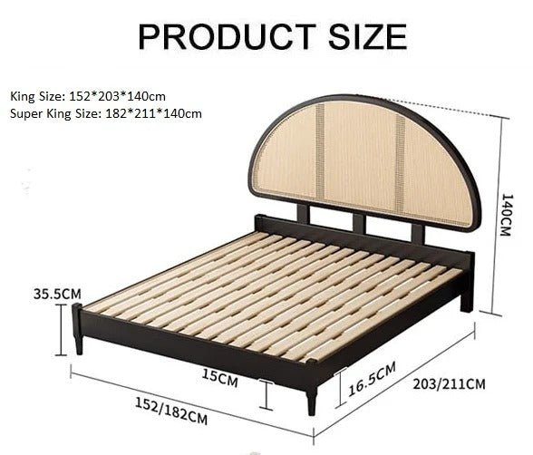 Heather Rattan Bed Frame – King Size / Super King Size Wooden Bedstead, Contemporary Black Finish - Sleek Furniture