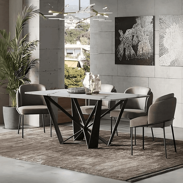 Helix Sintered Stone Dining Table Set with Black Steel Base, Modern Rectangular Dining Table and Chairs Set, Contemporary Dining Room Furniture - Sleek Furniture