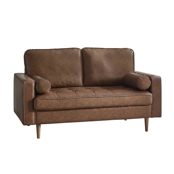 Henley 2 Seater Brown Faux Leather Sofa with Button Detailing & Bolster Cushions - Sleek Furniture