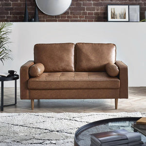 Henley 2 Seater Brown Faux Leather Sofa with Button Detailing & Bolster Cushions - Sleek Furniture