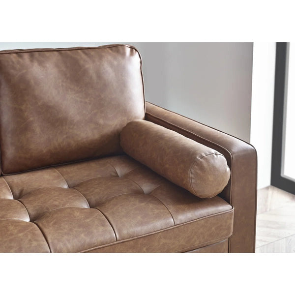 Henley 2 Seater Brown Faux Leather Sofa with Button Detailing & Bolster Cushions - Sleek Furniture