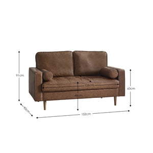 Henley 2 Seater Brown Faux Leather Sofa with Button Detailing & Bolster Cushions - Sleek Furniture