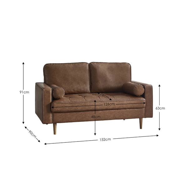 Henley 2 Seater Brown Faux Leather Sofa with Button Detailing & Bolster Cushions - Sleek Furniture