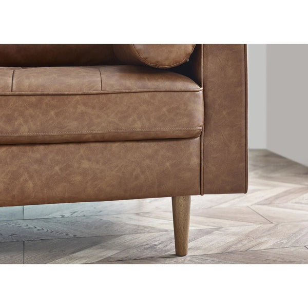 Henley 2 Seater Brown Faux Leather Sofa with Button Detailing & Bolster Cushions - Sleek Furniture