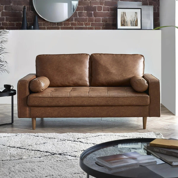Henley 3 Seater Faux Leather Sofa with Bolster Cushions – Brown - Sleek Furniture