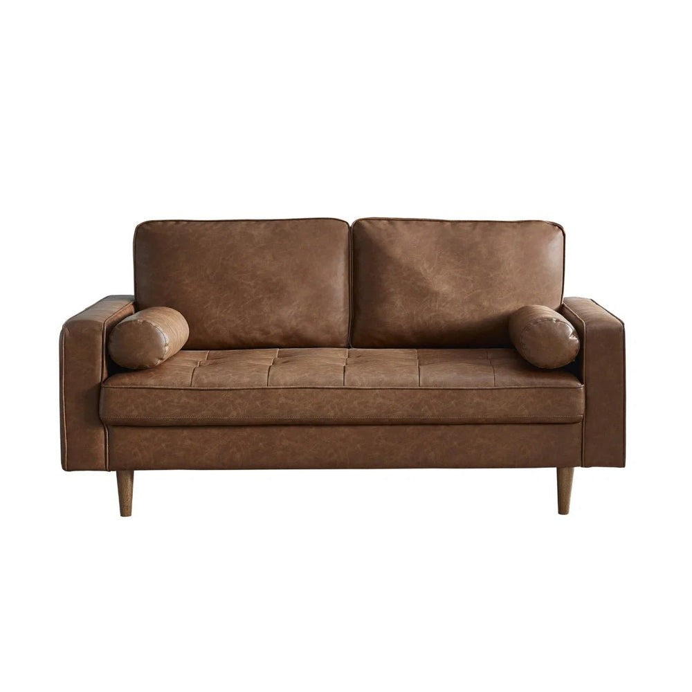 Henley 3 Seater Faux Leather Sofa with Bolster Cushions – Brown - Sleek Furniture