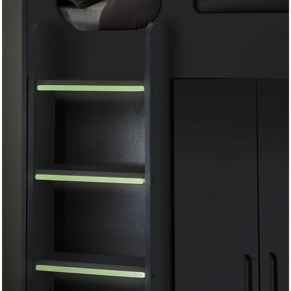 Hercules High Sleeper Bed with Integrated Wardrobe, Shelving & Glow-in-the-Dark Steps - Sleek Furniture