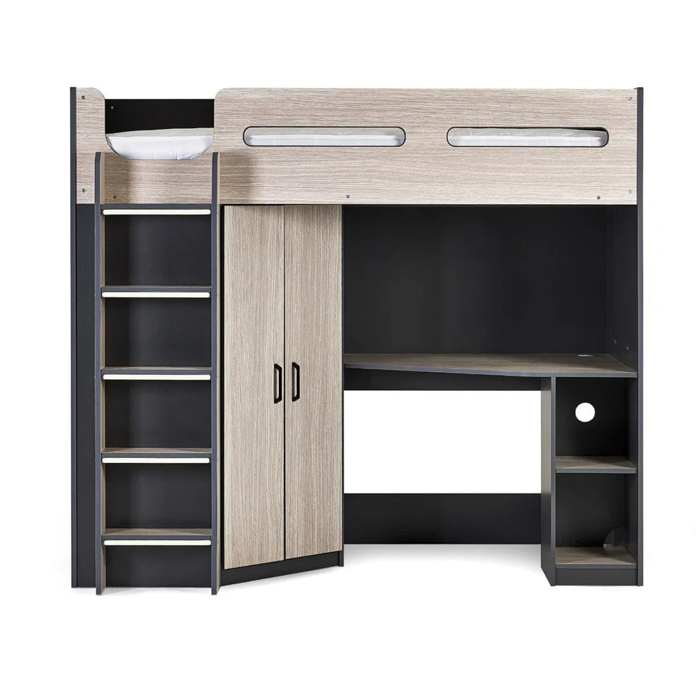 Hercules High Sleeper Bed with Wardrobe, Shelving & Glow-in-the-Dark Steps – Wood Grain & Anthracite - Sleek Furniture