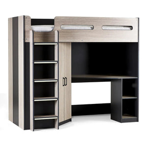Hercules High Sleeper Bed with Wardrobe, Shelving & Glow-in-the-Dark Steps – Wood Grain & Anthracite - Sleek Furniture