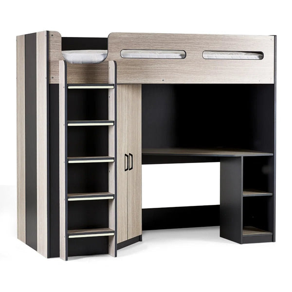 Hercules High Sleeper Bed with Wardrobe, Shelving & Glow-in-the-Dark Steps – Wood Grain & Anthracite - Sleek Furniture