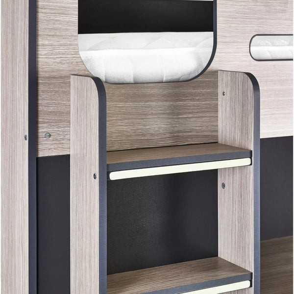 Hercules High Sleeper Bed with Wardrobe, Shelving & Glow-in-the-Dark Steps – Wood Grain & Anthracite - Sleek Furniture