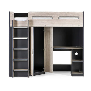 Hercules High Sleeper Bed with Wardrobe, Shelving & Glow-in-the-Dark Steps – Wood Grain & Anthracite - Sleek Furniture