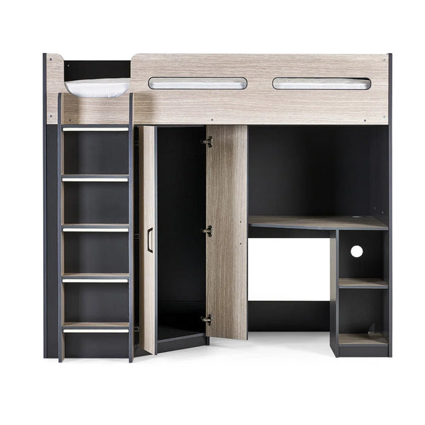 Hercules High Sleeper Bed with Wardrobe, Shelving & Glow-in-the-Dark Steps – Wood Grain & Anthracite - Sleek Furniture