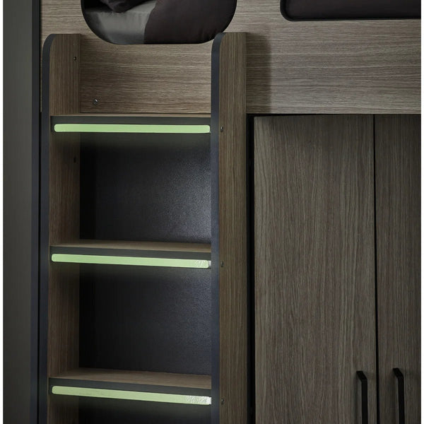 Hercules High Sleeper Bed with Wardrobe, Shelving & Glow-in-the-Dark Steps – Wood Grain & Anthracite - Sleek Furniture