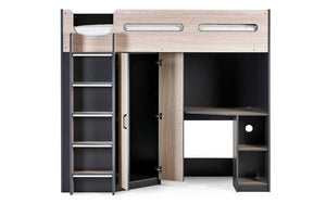 Hercules High Sleeper Bed with Wardrobe, Shelving & Glow-in-the-Dark Steps – Wood Grain & Anthracite - Sleek Furniture