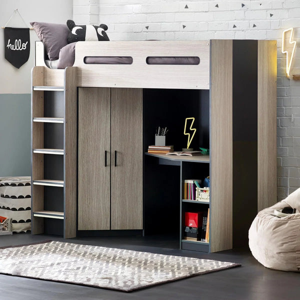 Hercules High Sleeper Bed with Wardrobe, Shelving & Glow-in-the-Dark Steps – Wood Grain & Anthracite - Sleek Furniture