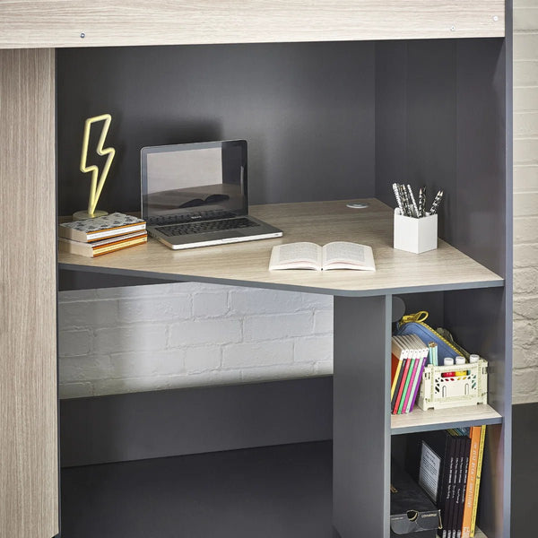 Hercules High Sleeper Bed with Wardrobe, Shelving & Glow-in-the-Dark Steps – Wood Grain & Anthracite - Sleek Furniture