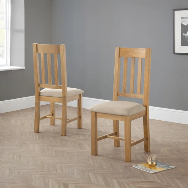 Hereford Solid White Oak Dining Chairs Set of 2 with Taupe Linen Upholstered Seats, Slatted Back, Waxed Finish, Wooden Dining Chair Pair - Sleek Furniture