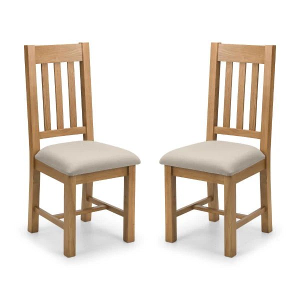 Hereford Solid White Oak Dining Chairs Set of 2 with Taupe Linen Upholstered Seats, Slatted Back, Waxed Finish, Wooden Dining Chair Pair - Sleek Furniture