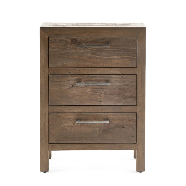 Heritage Reclaimed Wood 3 Drawer Bedside Cabinet with Industrial Metal Handles - Sleek Furniture