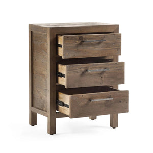 Heritage Reclaimed Wood 3 Drawer Bedside Cabinet with Industrial Metal Handles - Sleek Furniture