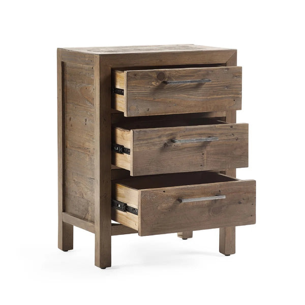 Heritage Reclaimed Wood 3 Drawer Bedside Cabinet with Industrial Metal Handles - Sleek Furniture