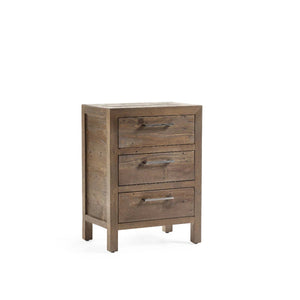 Heritage Reclaimed Wood 3 Drawer Bedside Cabinet with Industrial Metal Handles - Sleek Furniture