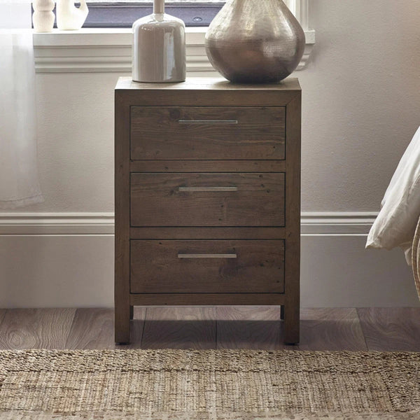 Heritage Reclaimed Wood 3 Drawer Bedside Cabinet with Industrial Metal Handles - Sleek Furniture
