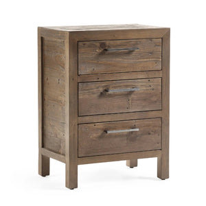 Heritage Reclaimed Wood 3 Drawer Bedside Cabinet with Industrial Metal Handles - Sleek Furniture