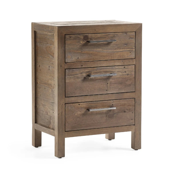 Heritage Reclaimed Wood 3 Drawer Bedside Cabinet with Industrial Metal Handles - Sleek Furniture