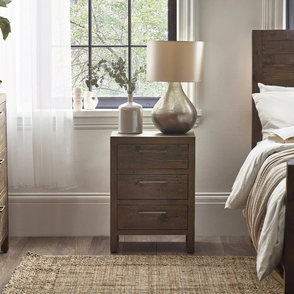 Heritage Reclaimed Wood 3 Drawer Bedside Cabinet with Industrial Metal Handles - Sleek Furniture