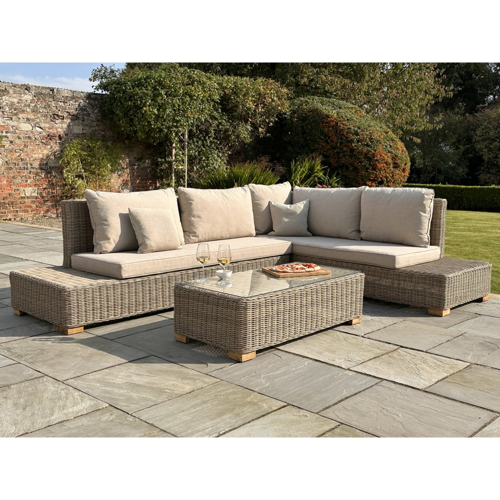 Capri Collection Outdoor Large Corner and Coffee Table Set – Beige Fabric & Glass, Metal Frame, Weather-Resistant Synthetic Wicker - My Store