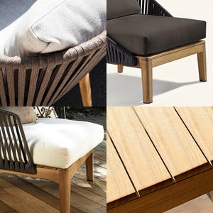Hippolyta Outdoor Dining & Sofa Set – Modern Rattan Garden Furniture Set with Aluminium Frame, Teakwood Accents & Waterproof Cushions – Stylish Patio 4 - Seater Outdoor Lounge & Dining Set - Sleek Furniture