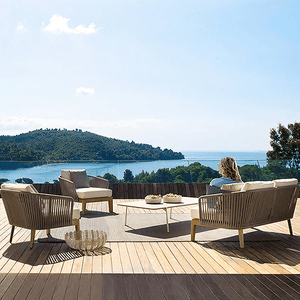 Hippolyta Outdoor Dining & Sofa Set – Modern Rattan Garden Furniture Set with Aluminium Frame, Teakwood Accents & Waterproof Cushions – Stylish Patio 4 - Seater Outdoor Lounge & Dining Set - Sleek Furniture